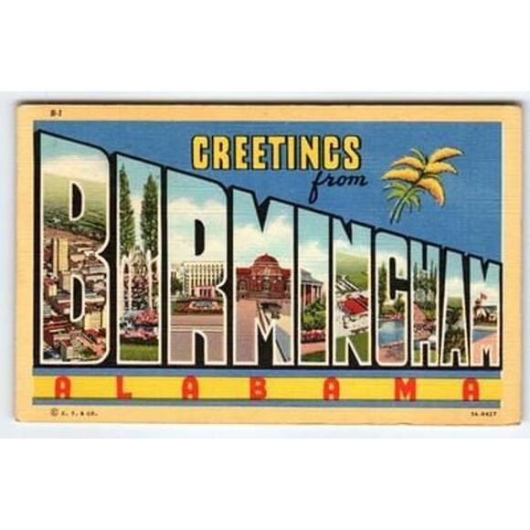 Vintage Linen 'Greetings from Birmingham Alabama' Large Letter Postcard - Ehlers - Picture 1 of 2